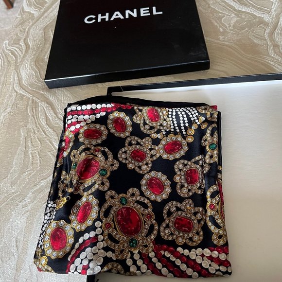 Authentic Black Chanel Jewel Silk Scarf - Picture 3 of 4